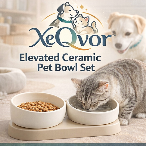 XeQvor™ Elevated Ceramic Pet Bowl Set – Modern Non-Slip Raised Dog & Cat Feeder, Anti-Spill Minimalist Design