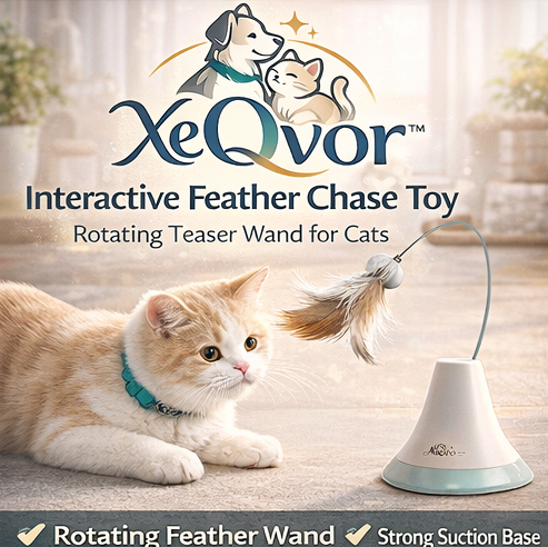 XeQvor™ Interactive Feather Chase Toy – Rotating Teaser Wand with Suction Base for Cats